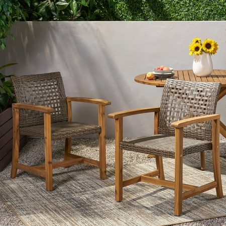 Noble House Hampton Wooden Patio Dining Arm Chair in Teak and Mocha (Set of 2)