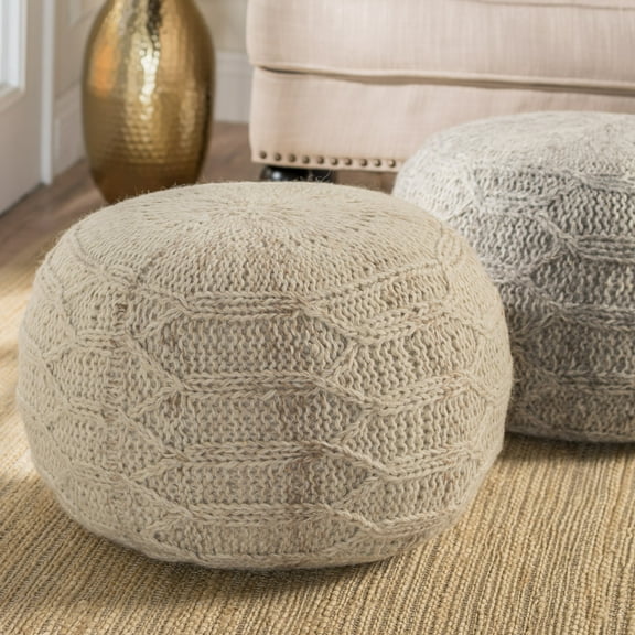 Noble House Handcrafted Boho Fabric Pouf, Ivory