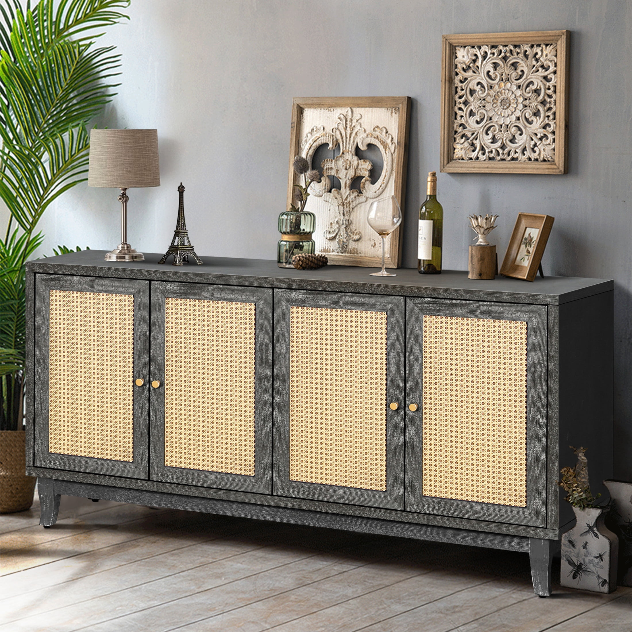 Noble House Handcrafted Rattan Sideboard Buffet Cabinet with 4 Doors and Adjustable Shelves, Modern Accent Storage Console,Antique Dark Grey