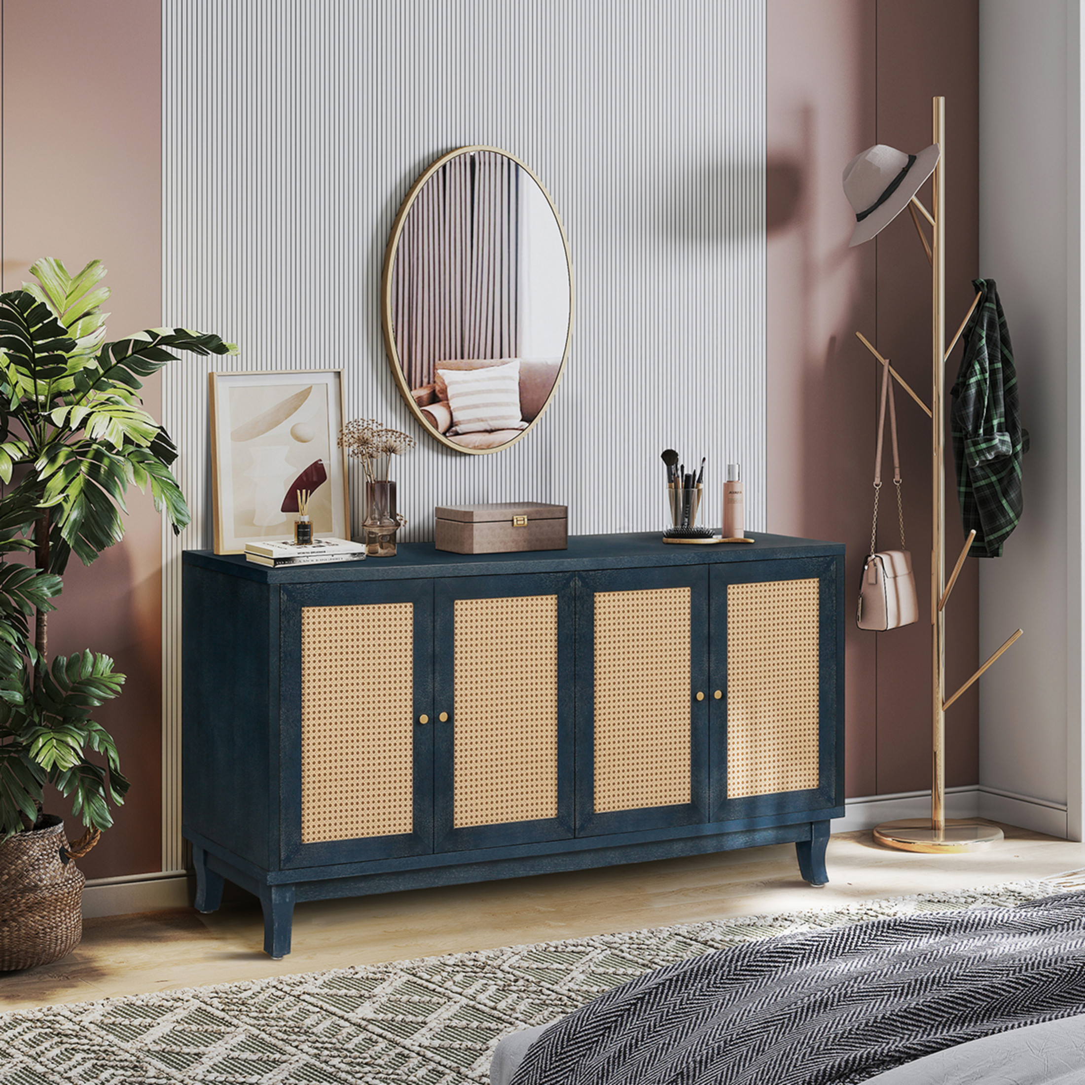 Noble House Handcrafted Rattan Sideboard Buffet Cabinet with 4 Doors and Adjustable Shelves, Modern Accent Storage Console, Antique Navy Blue