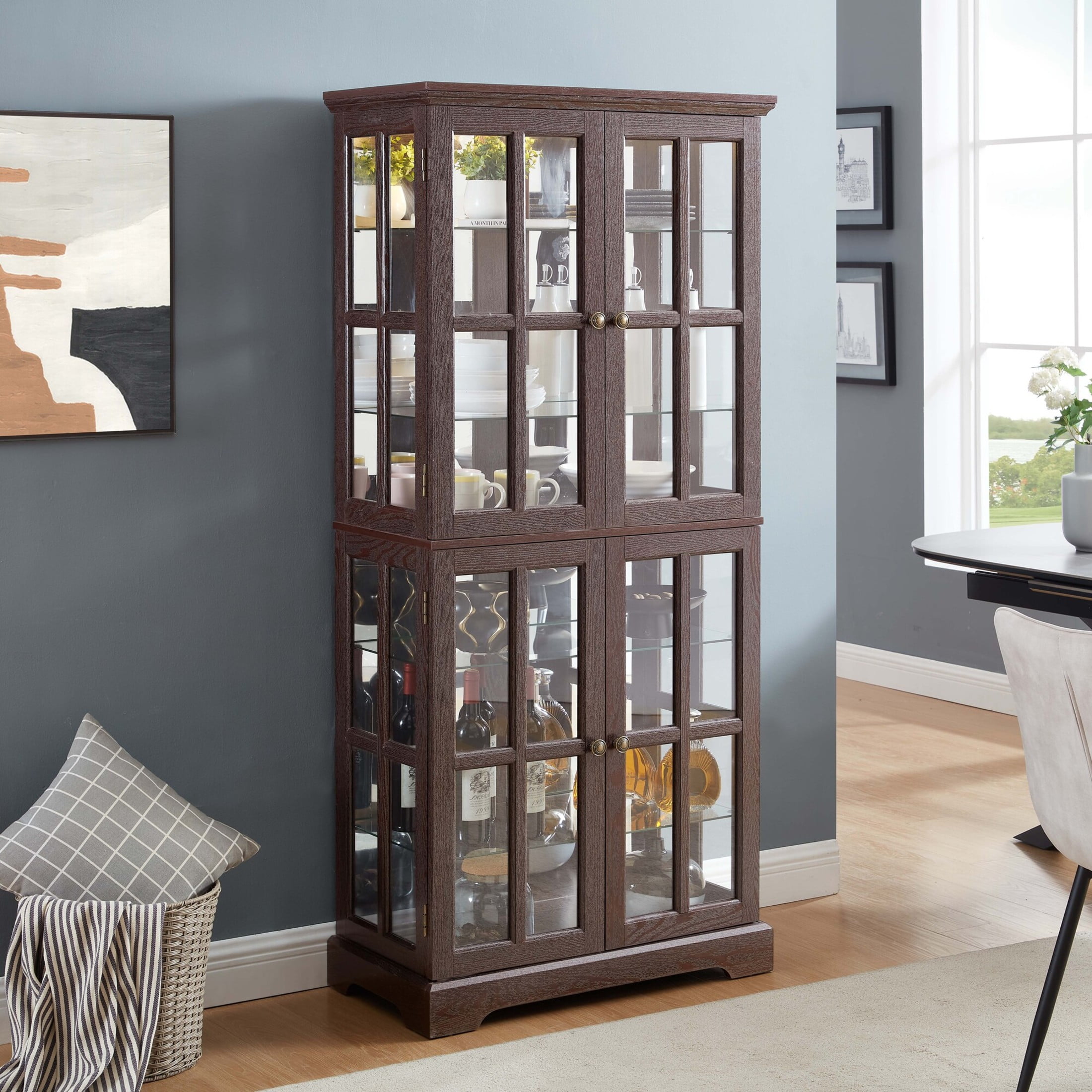 Noble House Handmaiden 69" Antique Glass Display Cabinet, 4-Door Curio with Light and Adjustable Shelves, Cherry