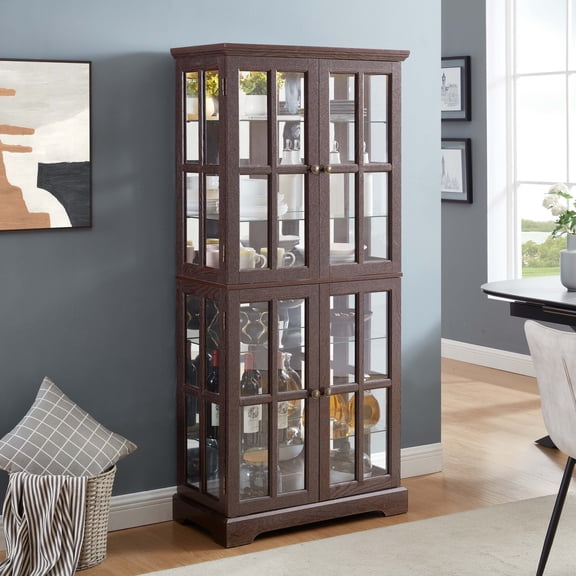 Noble House Handmaiden 69" Antique Glass Display Cabinet, 4-Door Curio with Light and Adjustable Shelves, Cherry