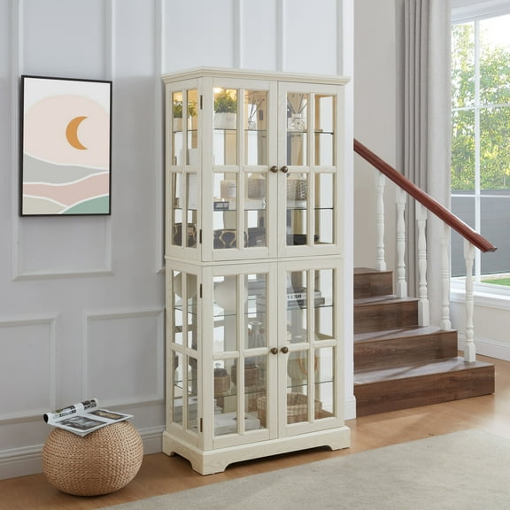 Noble House Handmaiden 69" Antique Glass Display Cabinet, 4-Door Curio with Light and Adjustable Shelves, White