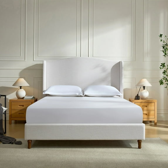 Noble House Hannah King Upholstered Bed Frame, 54" Tall Wingback Headboard, Metal Frame, Ivory