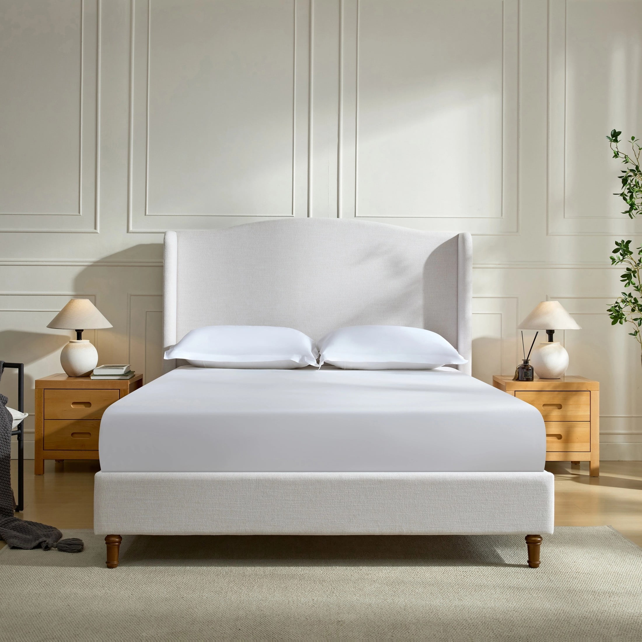 Noble House Hannah Queen Upholstered Bed Frame, 54" Tall Wingback Headboard, Metal Frame, Ivory