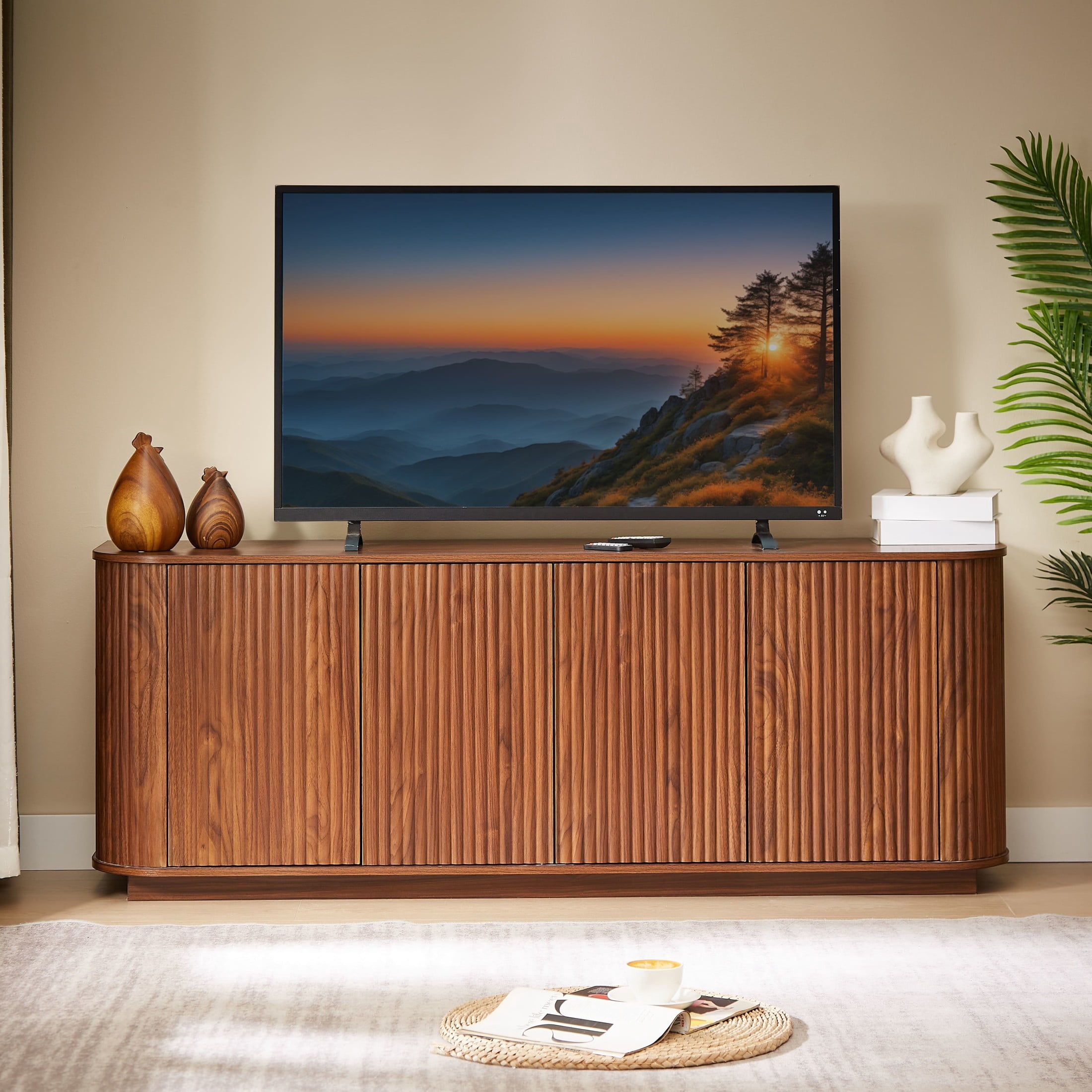 Noble House Harding Sideboard TV Stand, Wooden Striped Storage Buffet Cabinet, for Kitchen, Bedroom & Entryway, Walnut