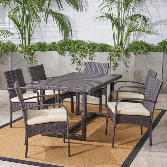 Noble House Harlowe 7 Piece Wicker Patio Dining Set in Brown