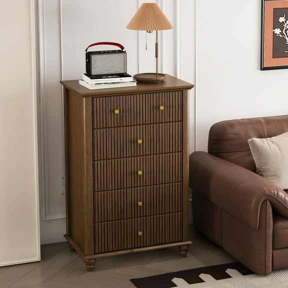 Noble House Harmon Fluted 5-Drawer Dresser, Modern Rubberwood Chest with Metal Handles, for Entryway, Bedroom, Walnut