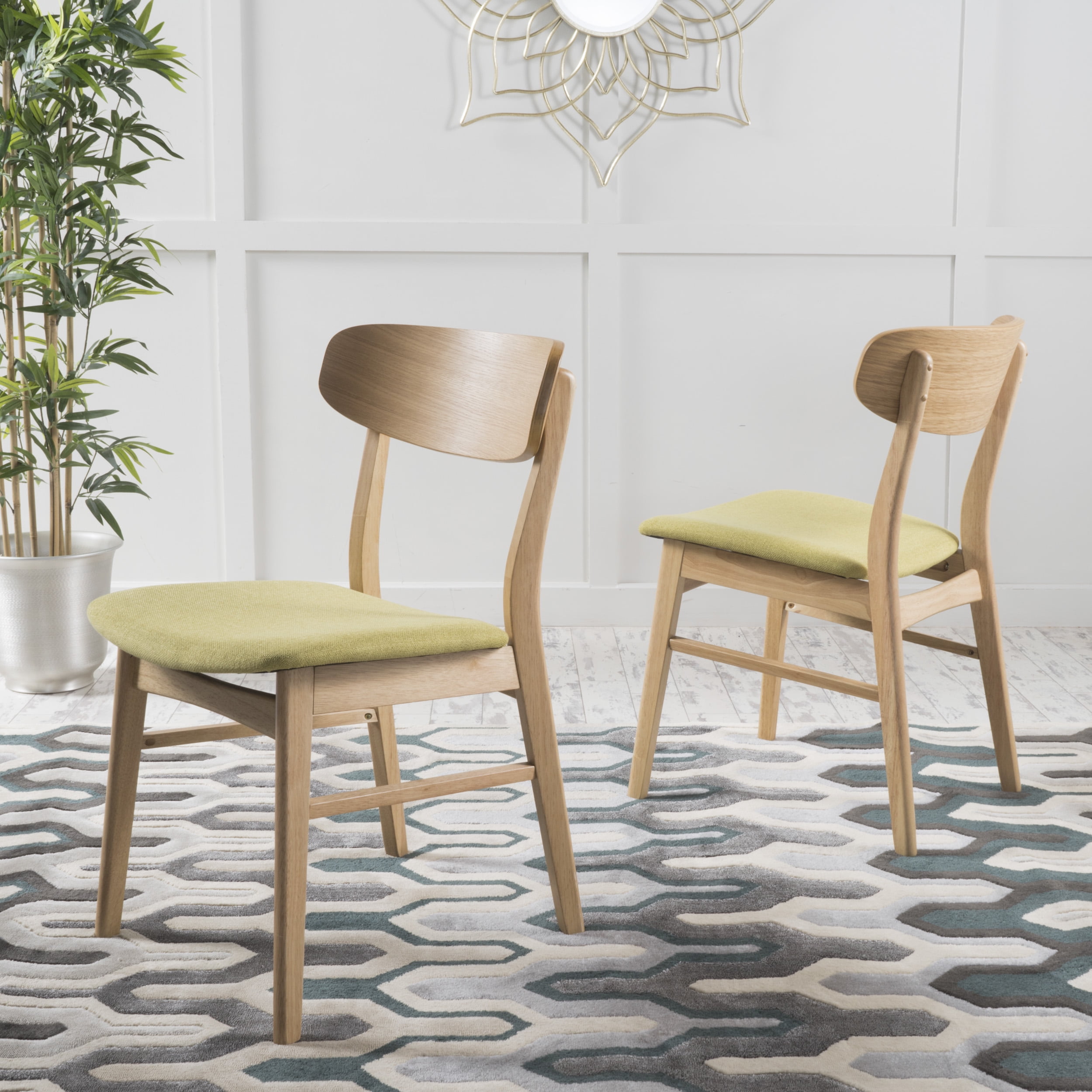 Noble House Harper Indoor French Fabric Dining Chair, Set of 2, Natural Oak, Green