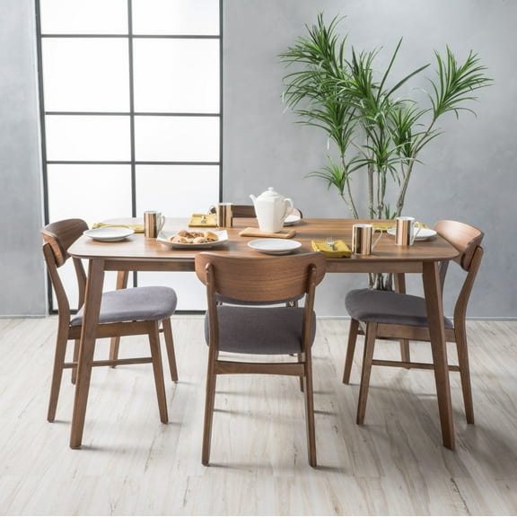 Noble House Harper Mid-Century Modern 5 Piece Dining Set, Dark Gray and Walnut