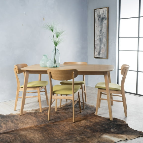 Noble House Harper Mid-Century Modern 5 Piece Dining Set, Green Tea and Natural Oak