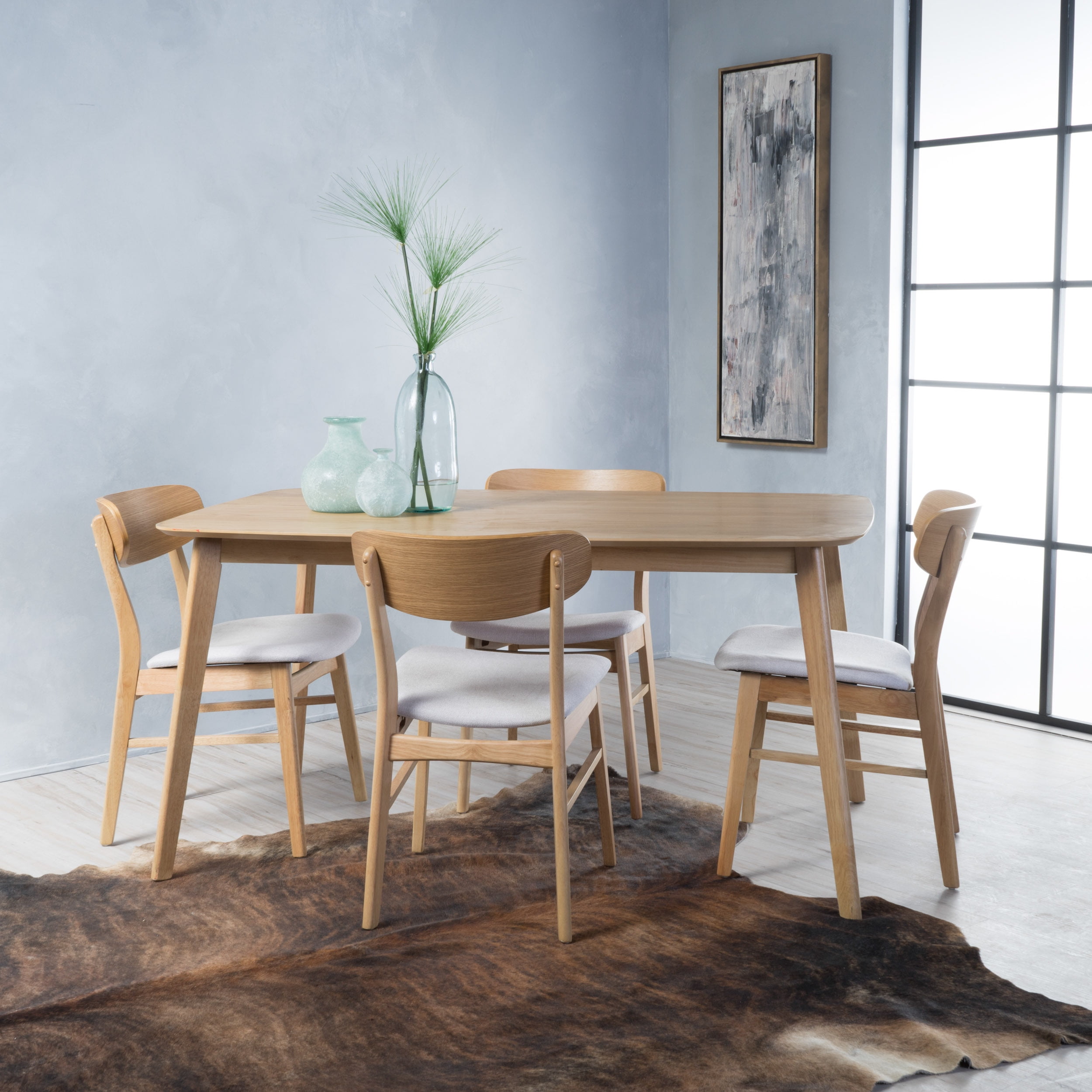 Noble House Harper Mid Century Modern 5 Piece Dining Set Light Beige and Natural Oak Walmart