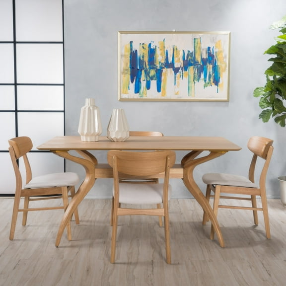 Noble House Harper Mid-Century Modern 5 Piece Dining Set, Light Beige and Natural Oak