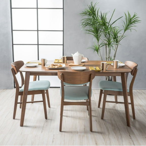 Noble House Harper Mid-Century Modern 5 Piece Dining Set, Mint and Walnut