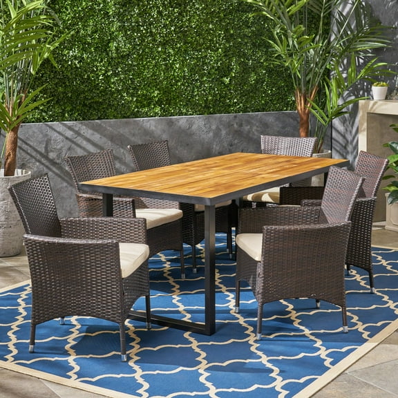 Noble House Hartland 7-Piece Outdoor Wood and Wicker Dining Set in Teak/Beige