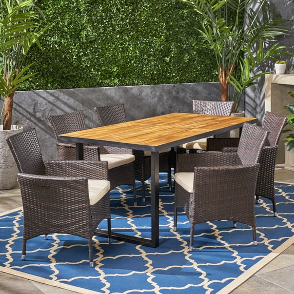 7-Piece Brown Contemporary Handcrafted Outdoor Furniture Patio Dining Set - Beige Cushions