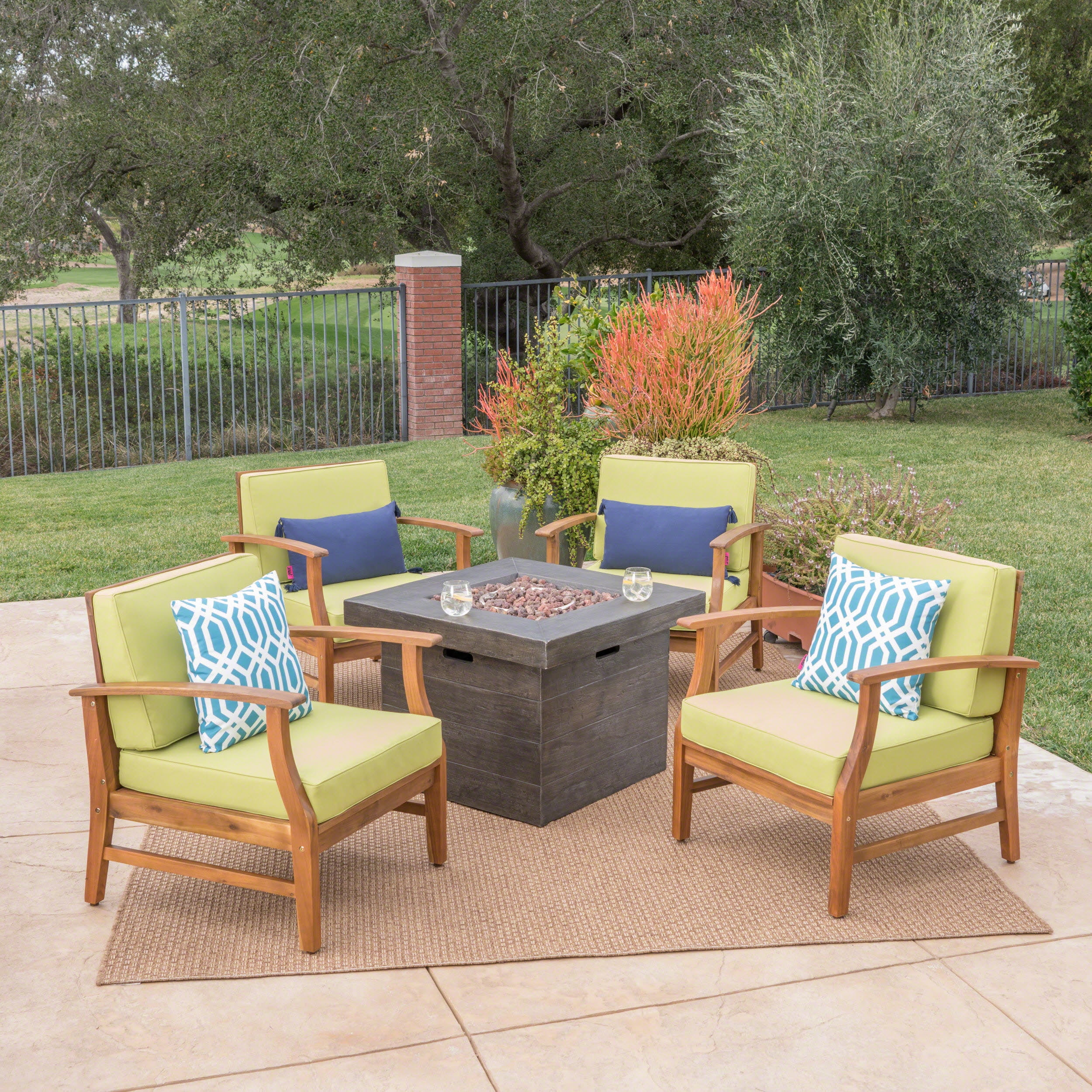 Noble House Havana 5 Piece Outdoor Acacia Wood Chair and Firepit Set in Green