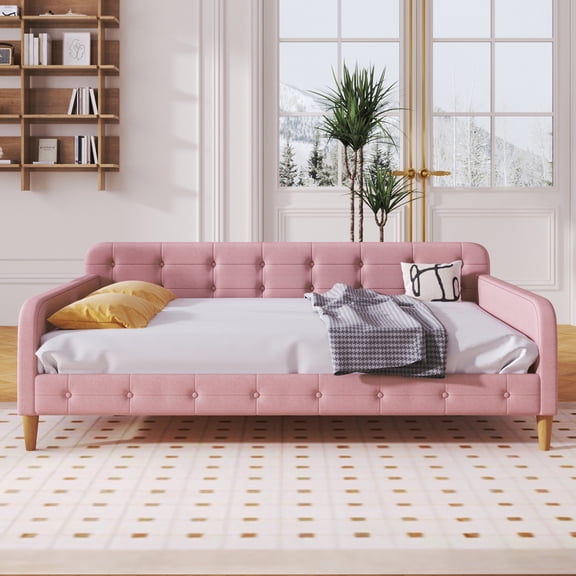 Noble House Havina Full Upholstered Daybed, Button Tufted Linen Sofa Guest Bed with Slat Support Frame, Pink