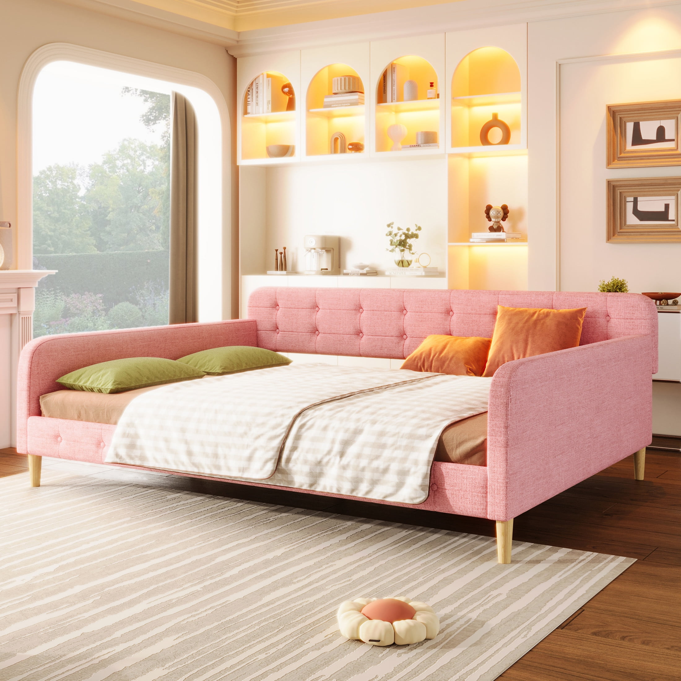 Noble House Havina Queen Upholstered Daybed, Button Tufted Linen Sofa Guest Bed with Slat Support Frame, Pink