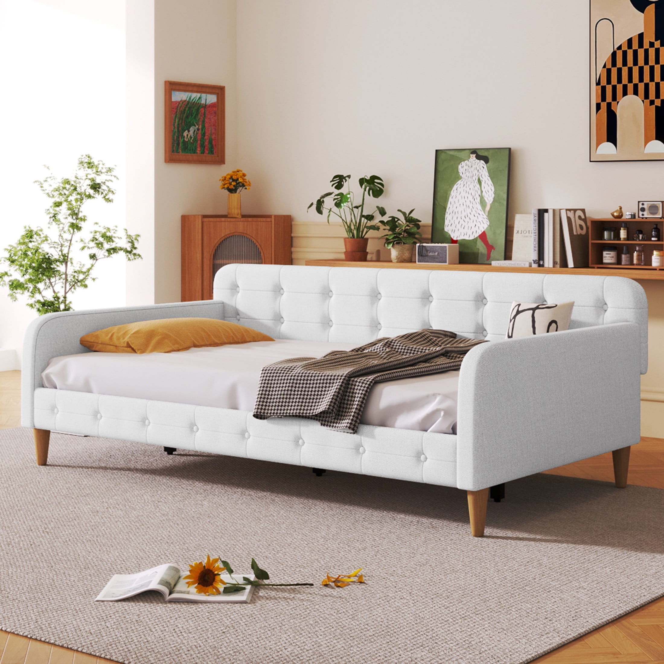 Noble House Havina Twin Upholstered Daybed, Button Tufted Linen Sofa Guest Bed with Slat Support Frame, Beige