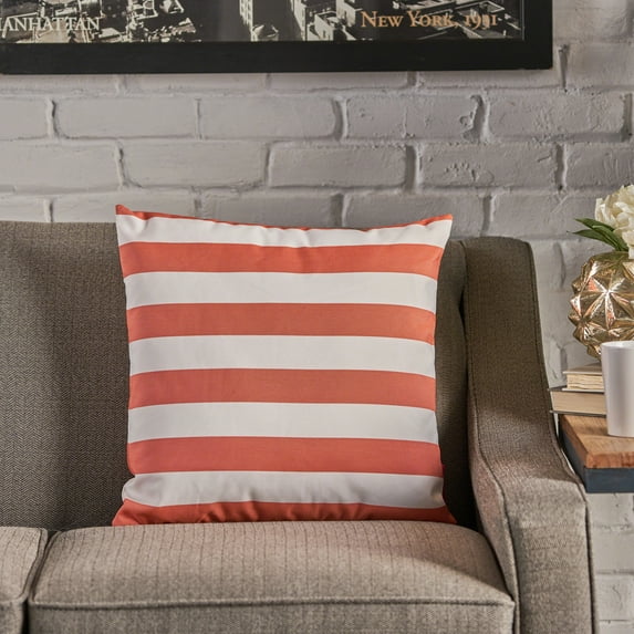 Noble House Hawthorne 18" Fabric Striped Water Resistant Square Throw Pillow, Orange, White, 18" x 18"