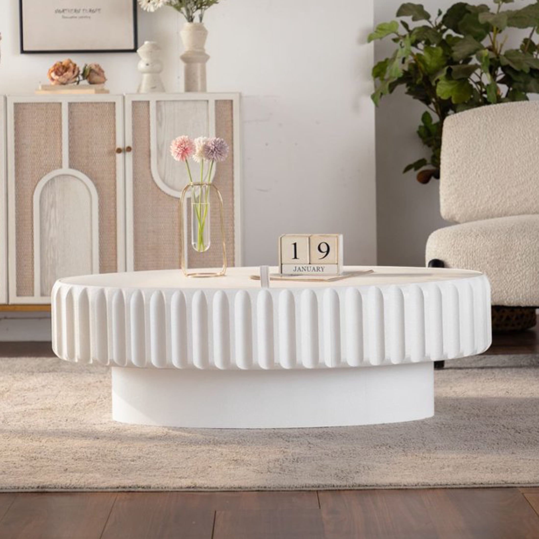 Noble House Haylie 31.5" Oval Fluted Storage Coffee Table with Lift-Top Lid, for Modern Living Room, Cream White