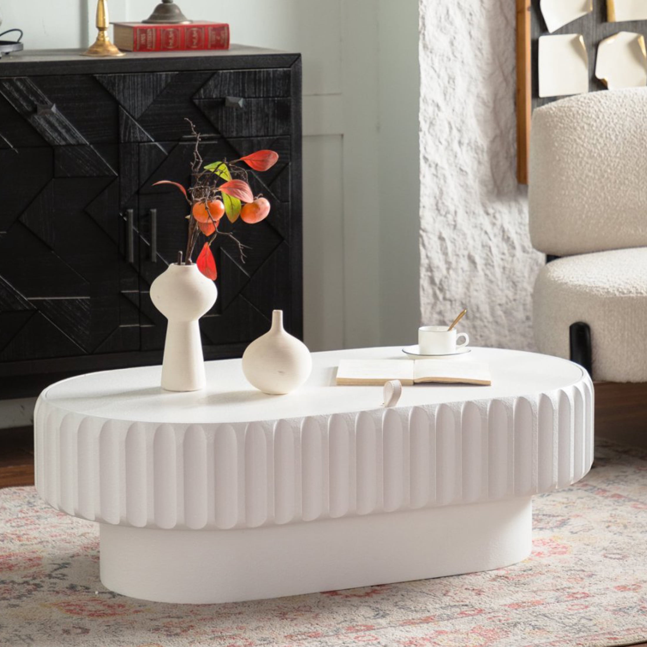 Noble House Haylie 43" Rectangular Fluted Storage Coffee Table with Lift-Top Lid, for Modern Living Room, Cream White