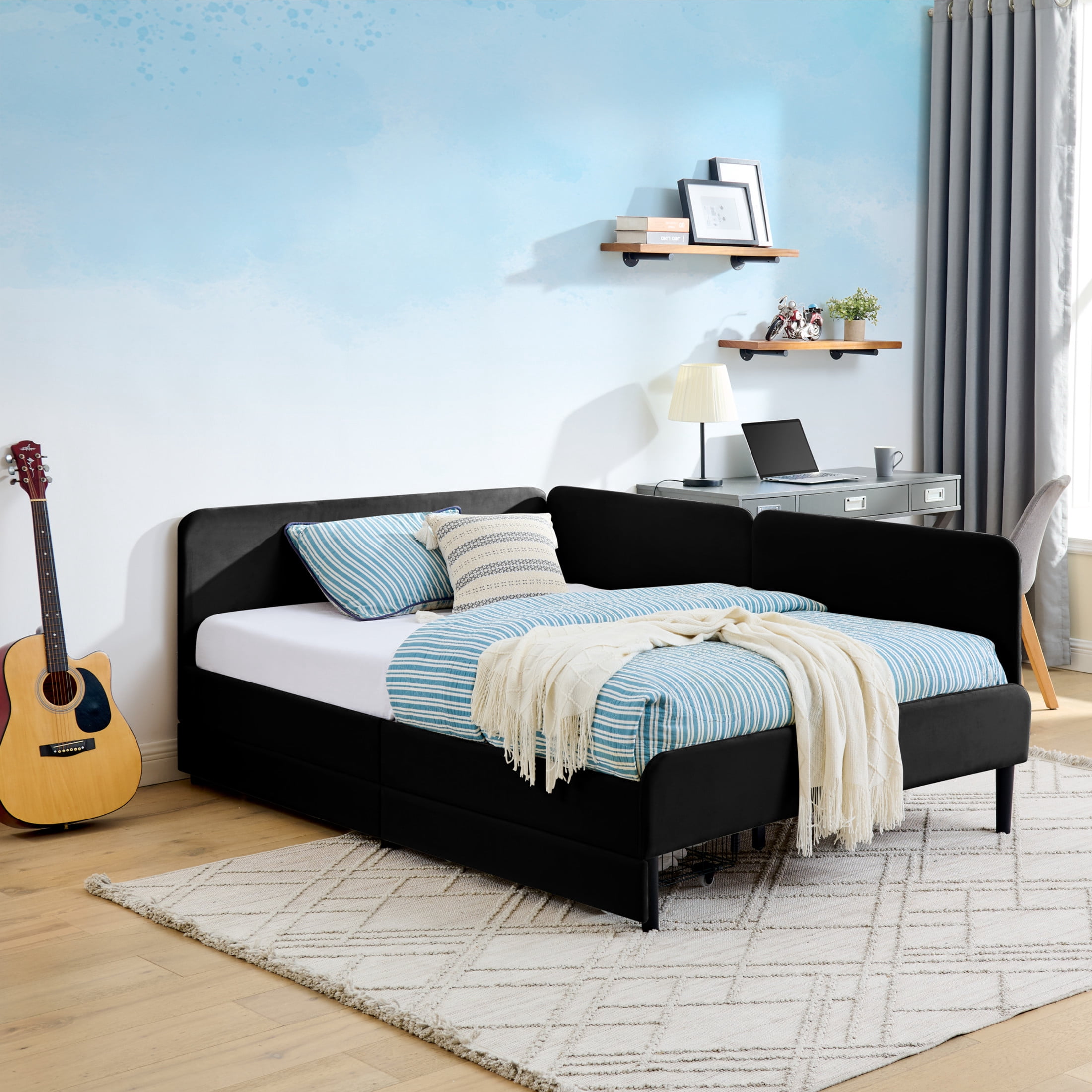 Noble House Haylie Full Size Velvet Upholstered Daybed with Storage Drawers, Adjustable Daybed Sleeper Sofa, Black