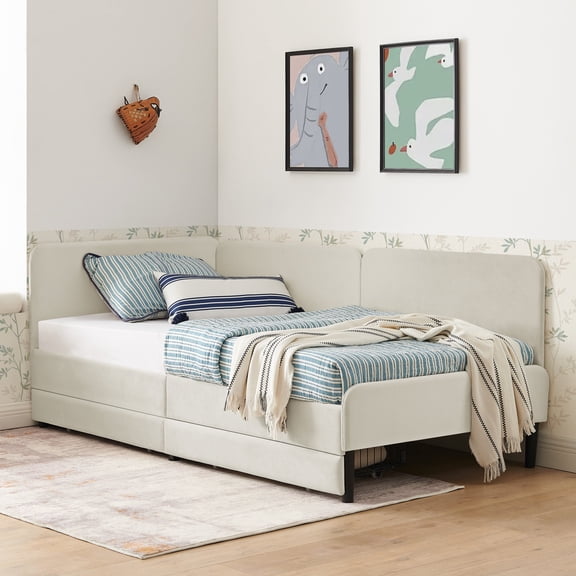 Noble House Haylie Twin Size Velvet Upholstered Daybed with Storage Drawers, Adjustable Daybed Sleeper Sofa, Beige