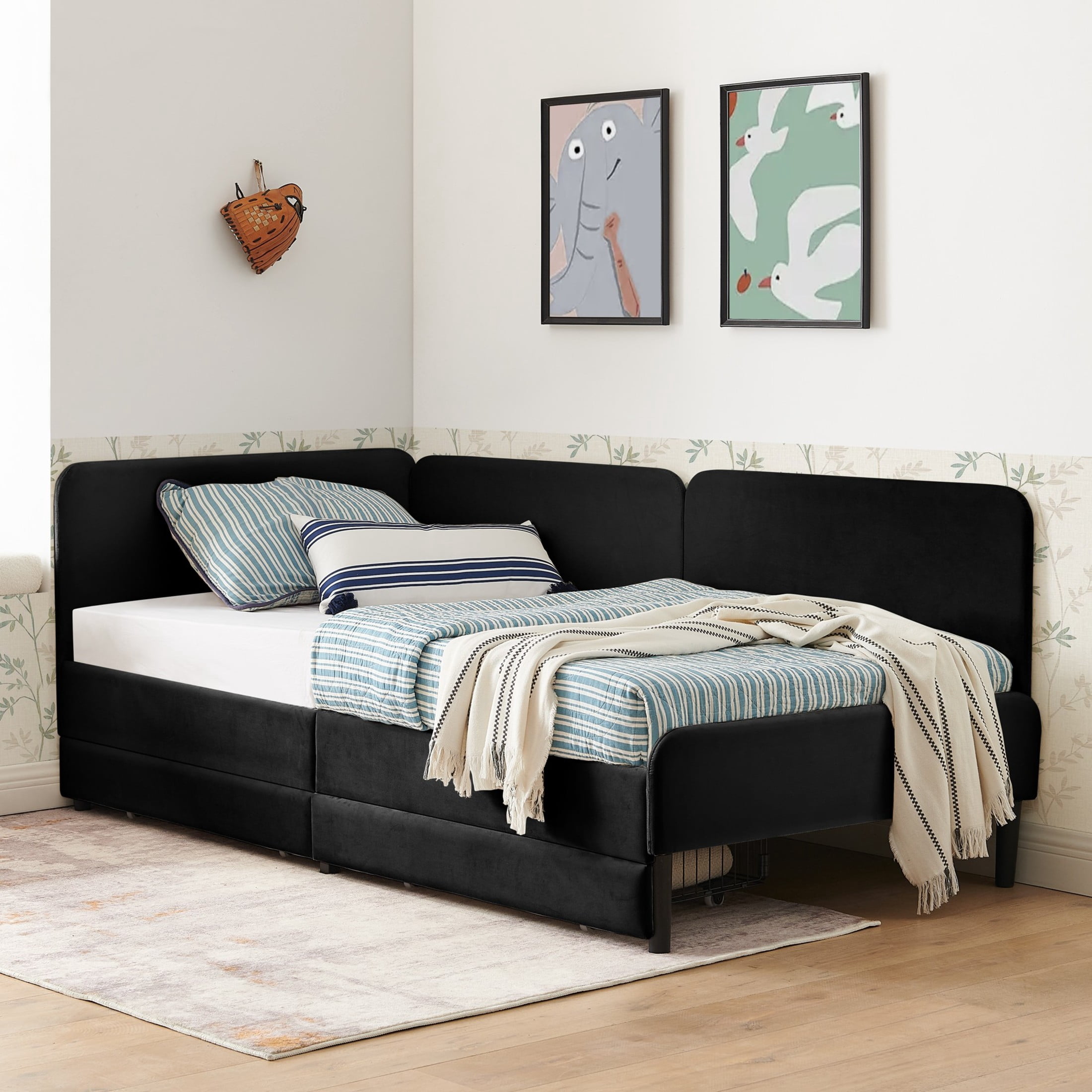 Noble House Haylie Twin Size Velvet Upholstered Daybed with Storage Drawers, Adjustable Daybed Sleeper Sofa, Black