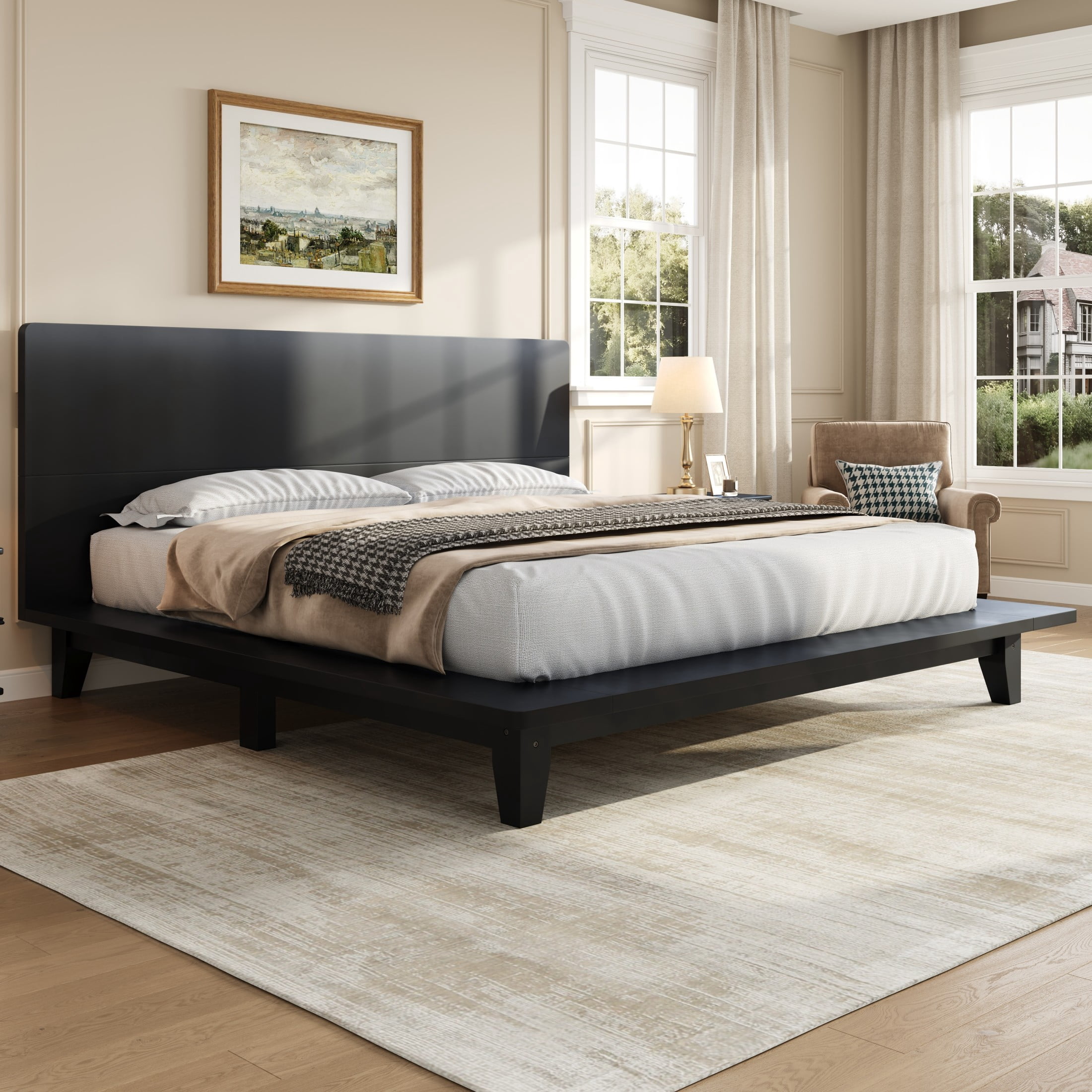 Noble House Hazel Queen Size Pine Wood Platform Bed Frame with Legs and Headboard, Mid-Century Modern Design, Black