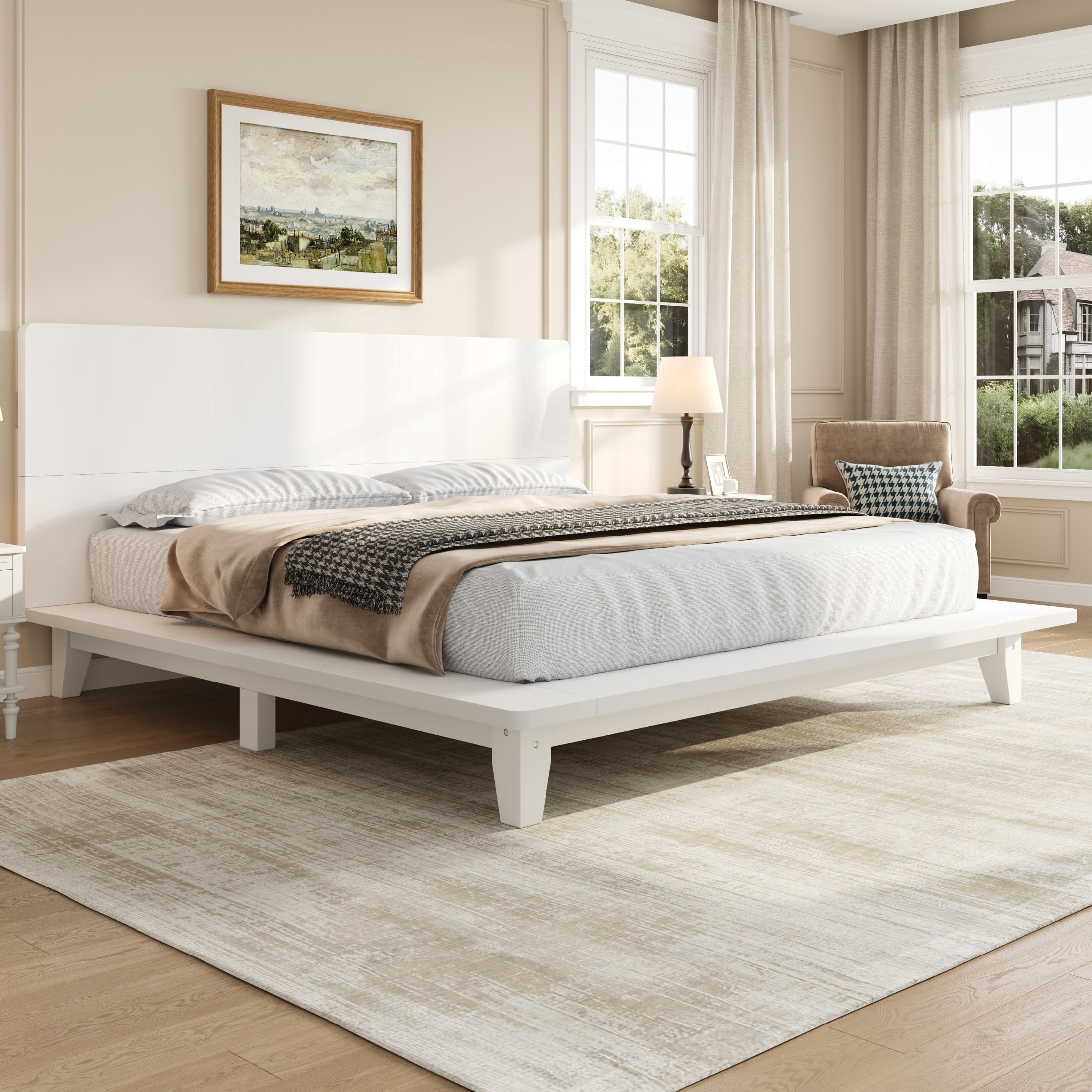 Noble House Hazel Queen Size Pine Wood Platform Bed Frame with Legs and Headboard, Mid-Century Modern Design, White