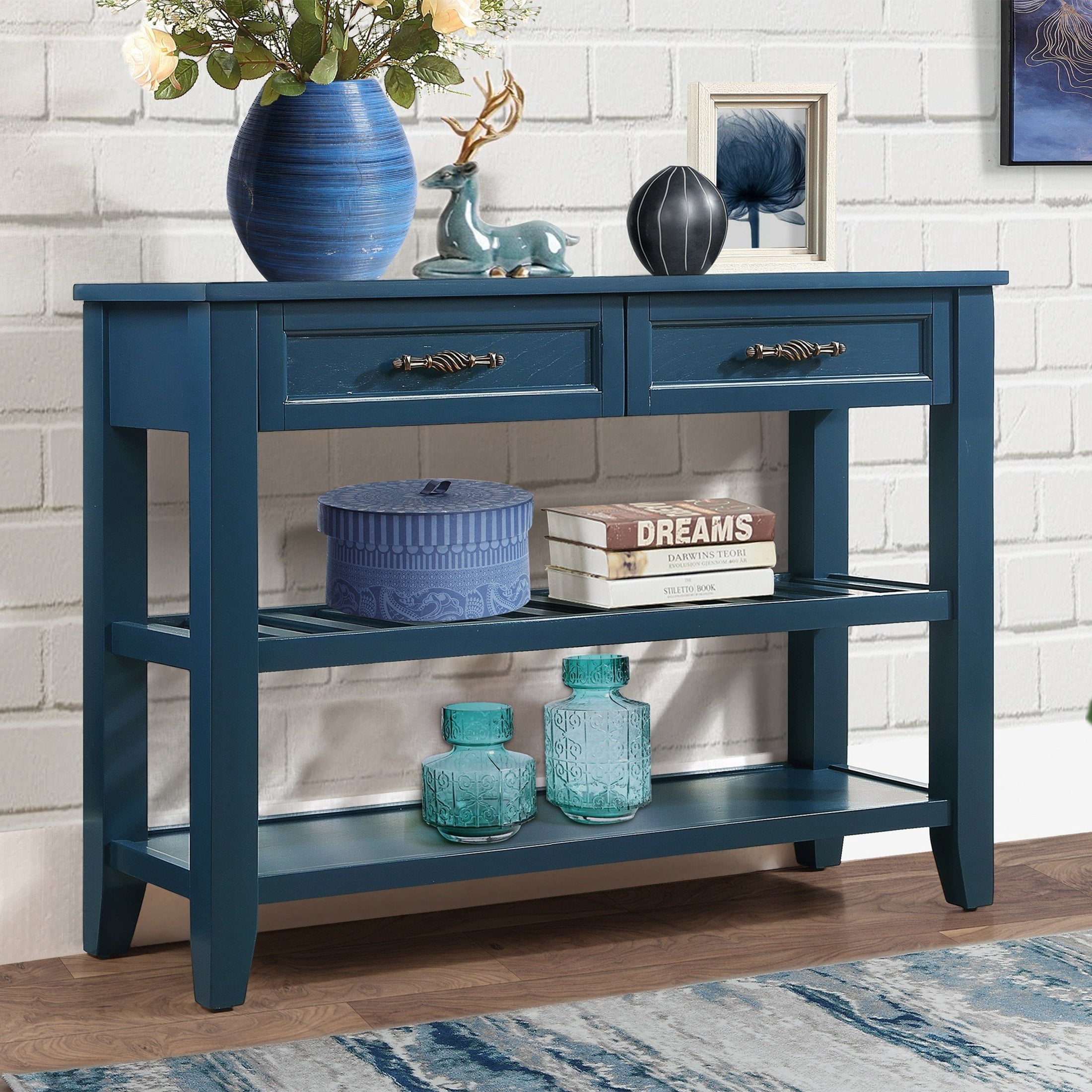 Noble House Heather Console Sofa Table, Pine Wood Frame with Drawers and Shelves for Entryway or Living Room, Navy Blue