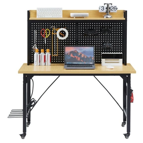 Noble House Heavy Duty Adjustable Workbench with Pegboard, Rolling Table with Power Outlets & Hooks, Natural + Black