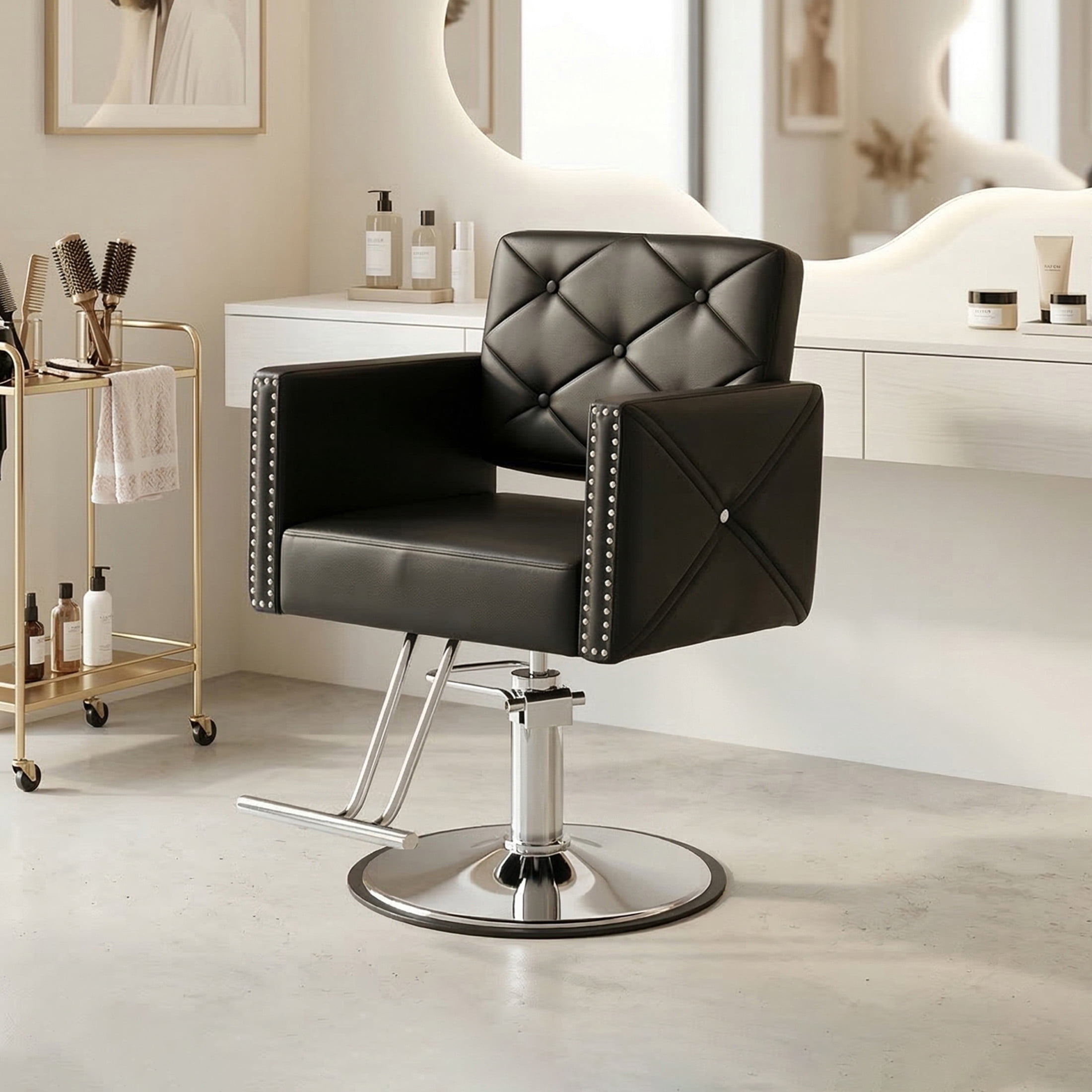 Noble House Heavy Duty Barber Chair, 360° Swivel Salon Chair with Hydraulic Pump, Black + Chrome