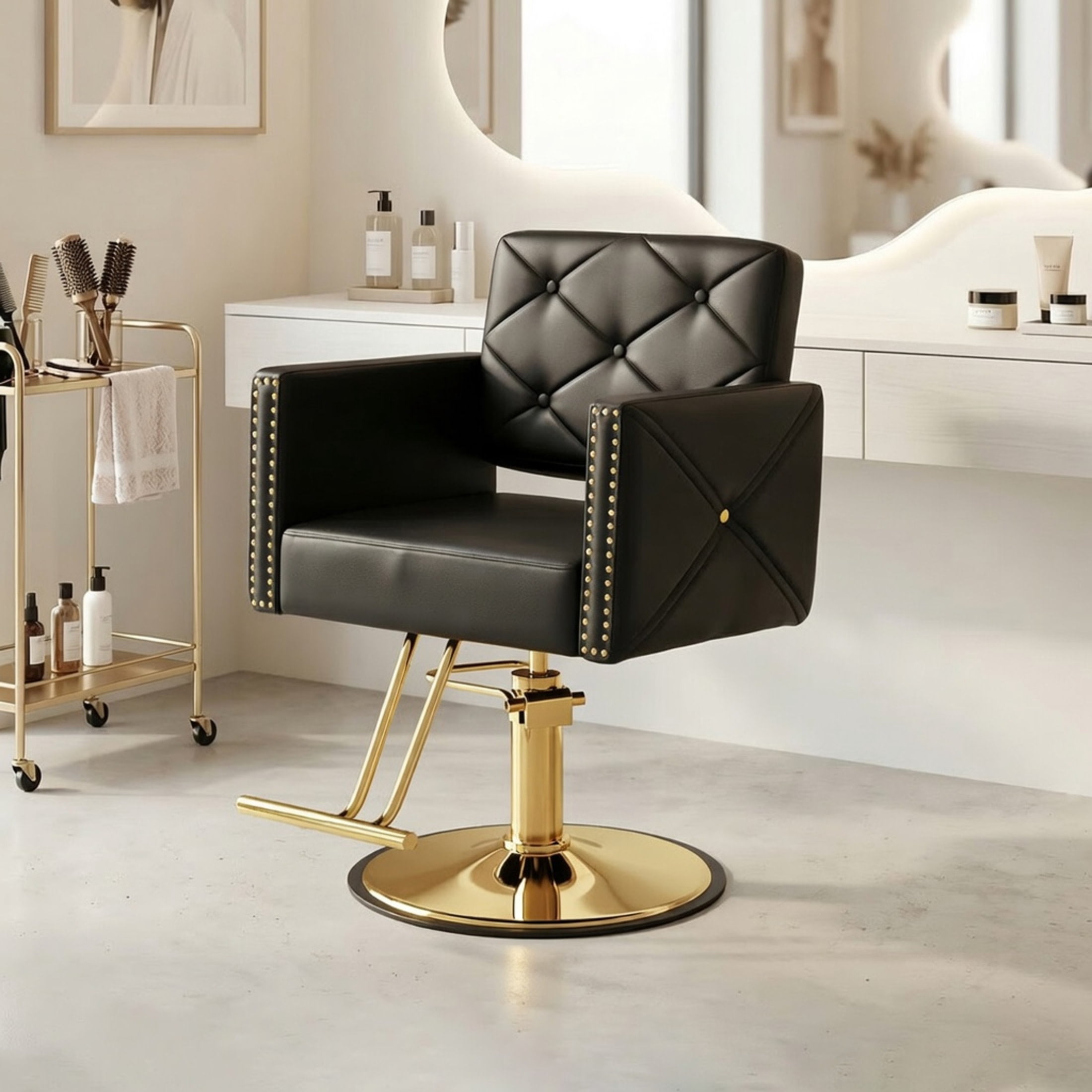 Noble House Heavy Duty Barber Chair, 360° Swivel Salon Chair with Hydraulic Pump, Black + Gold