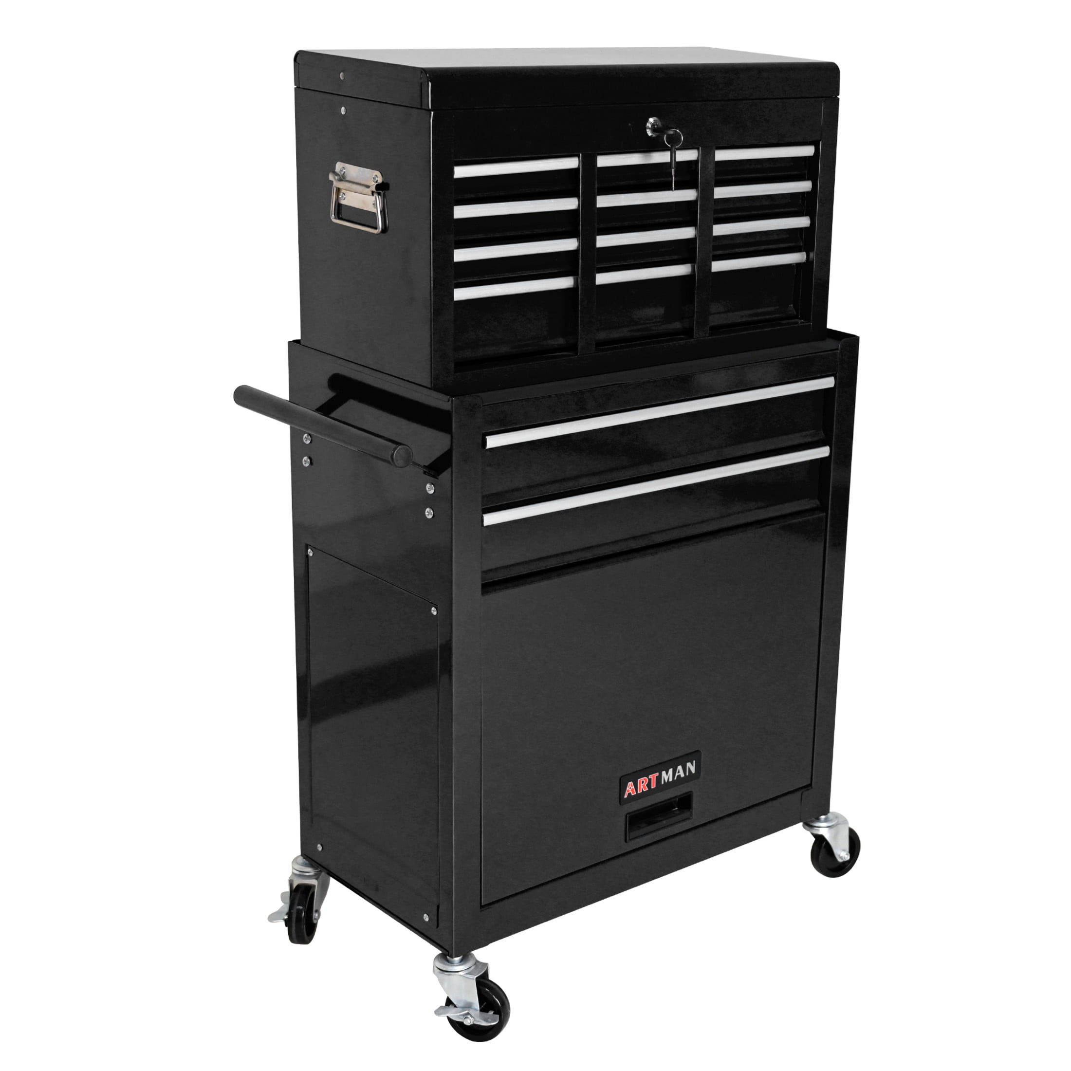 Noble House Heavy-Duty Rolling Tool Chest, 8-Drawer Steel Storage Box Organizer with Detachable Box, Black