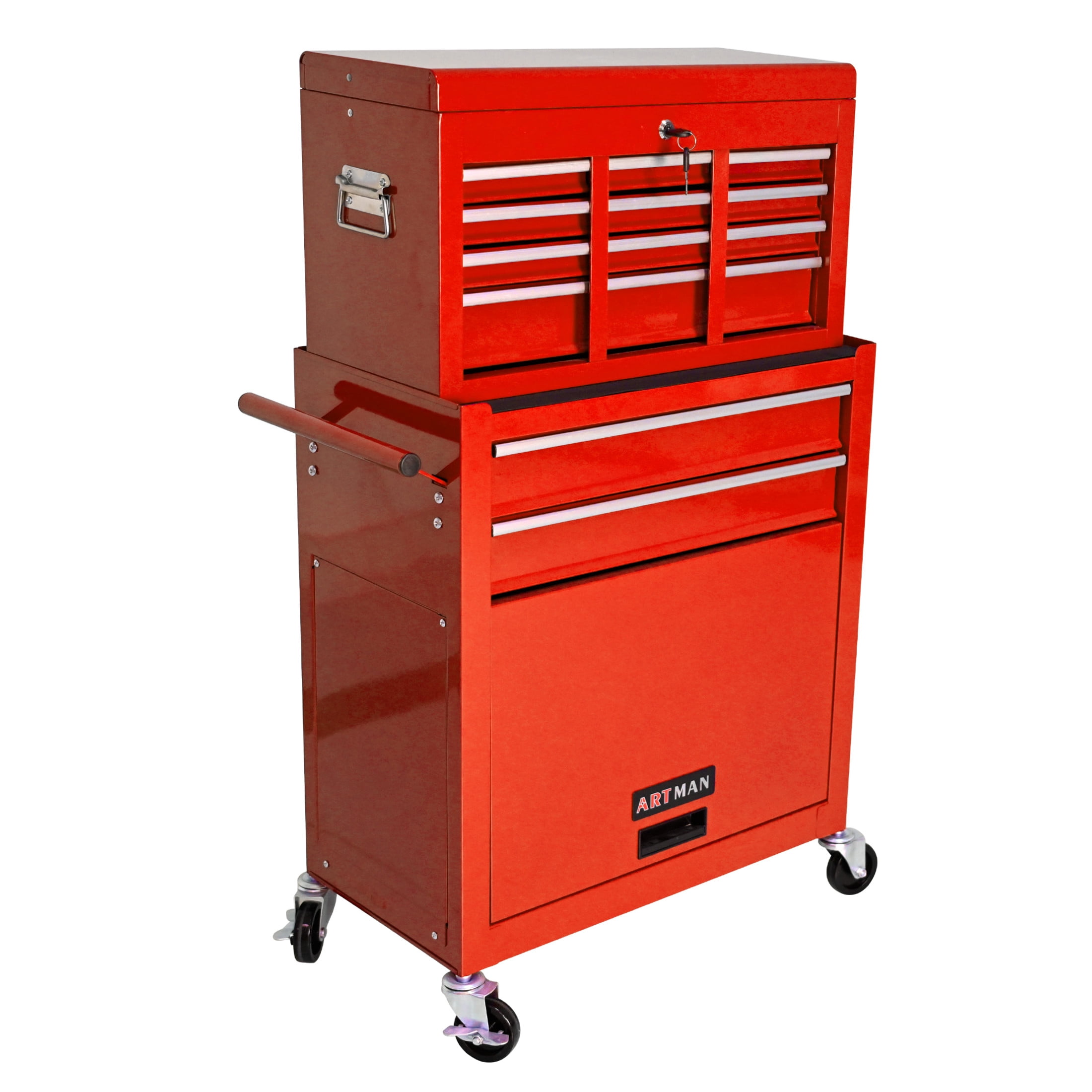 Noble House Heavy-Duty Rolling Tool Chest, 8-Drawer Steel Storage Box Organizer with Detachable Box, Red