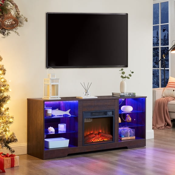 Noble House Hector 58" Electric Fireplace TV Stand, Media Console with Glass Shelves, Cable Hole, 62" TVs, Espresso