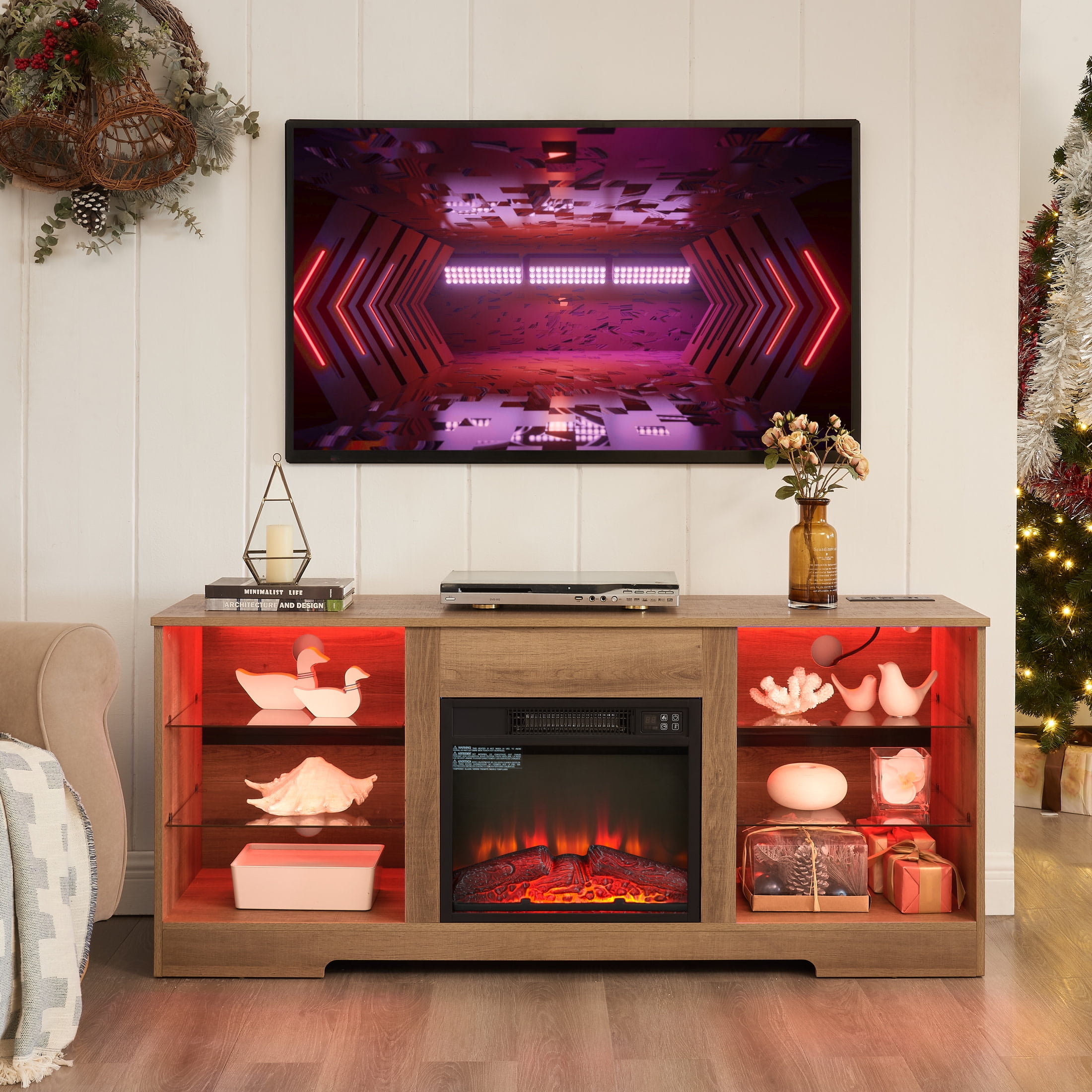 Noble House Hector 58" Electric Fireplace TV Stand, Media Console with Glass Shelves, Cable Hole, 62" TVs, Oak
