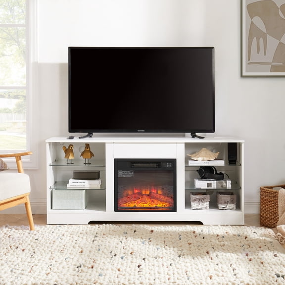 Noble House Hector 58" Electric Fireplace TV Stand, Media Console with Glass Shelves, Cable Hole, 62" TVs, White