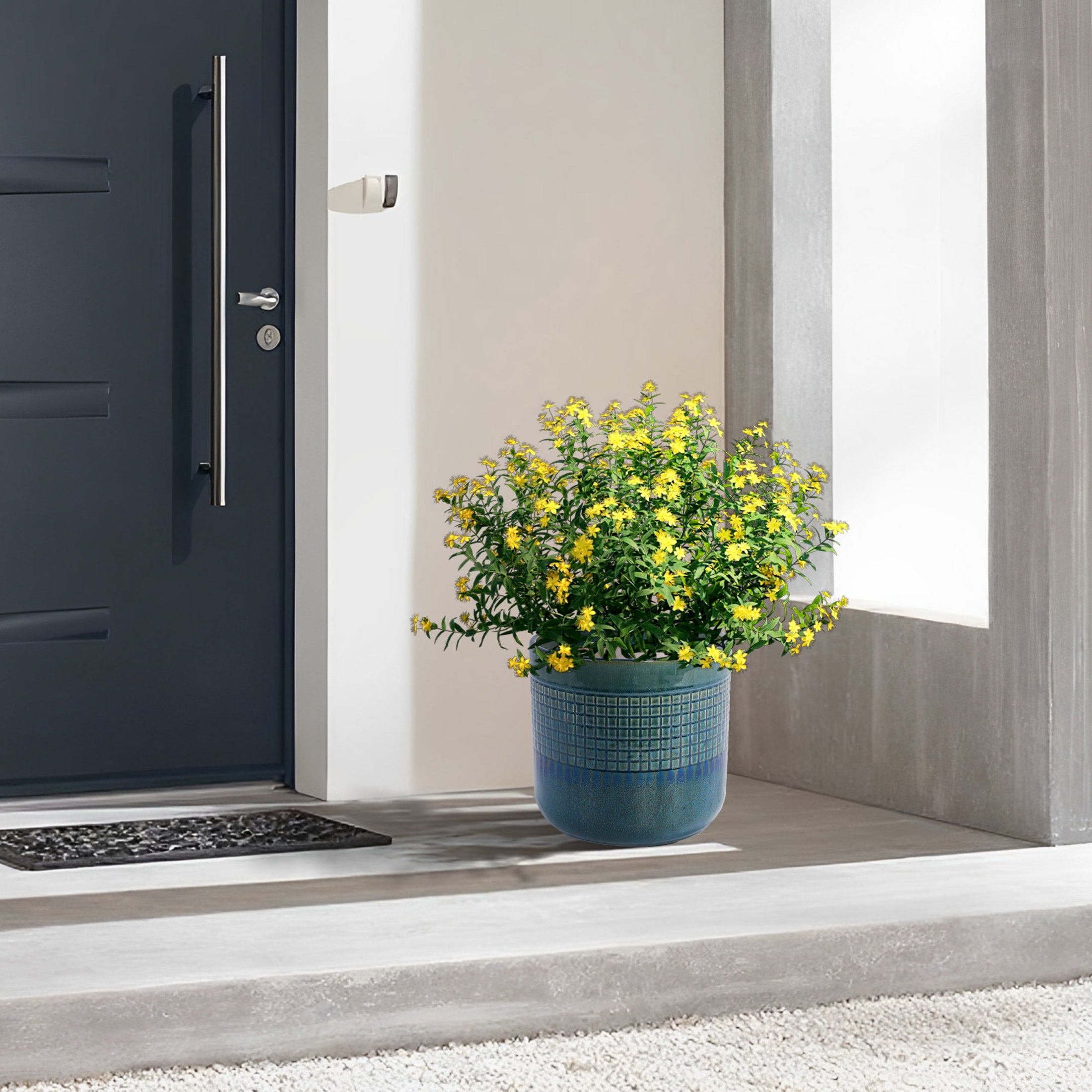 Noble House Helen Grid Ceramic Planter Set, Glossy Modern Indoor Outdoor Pots with Drainage, Set of 3, Blue + Green