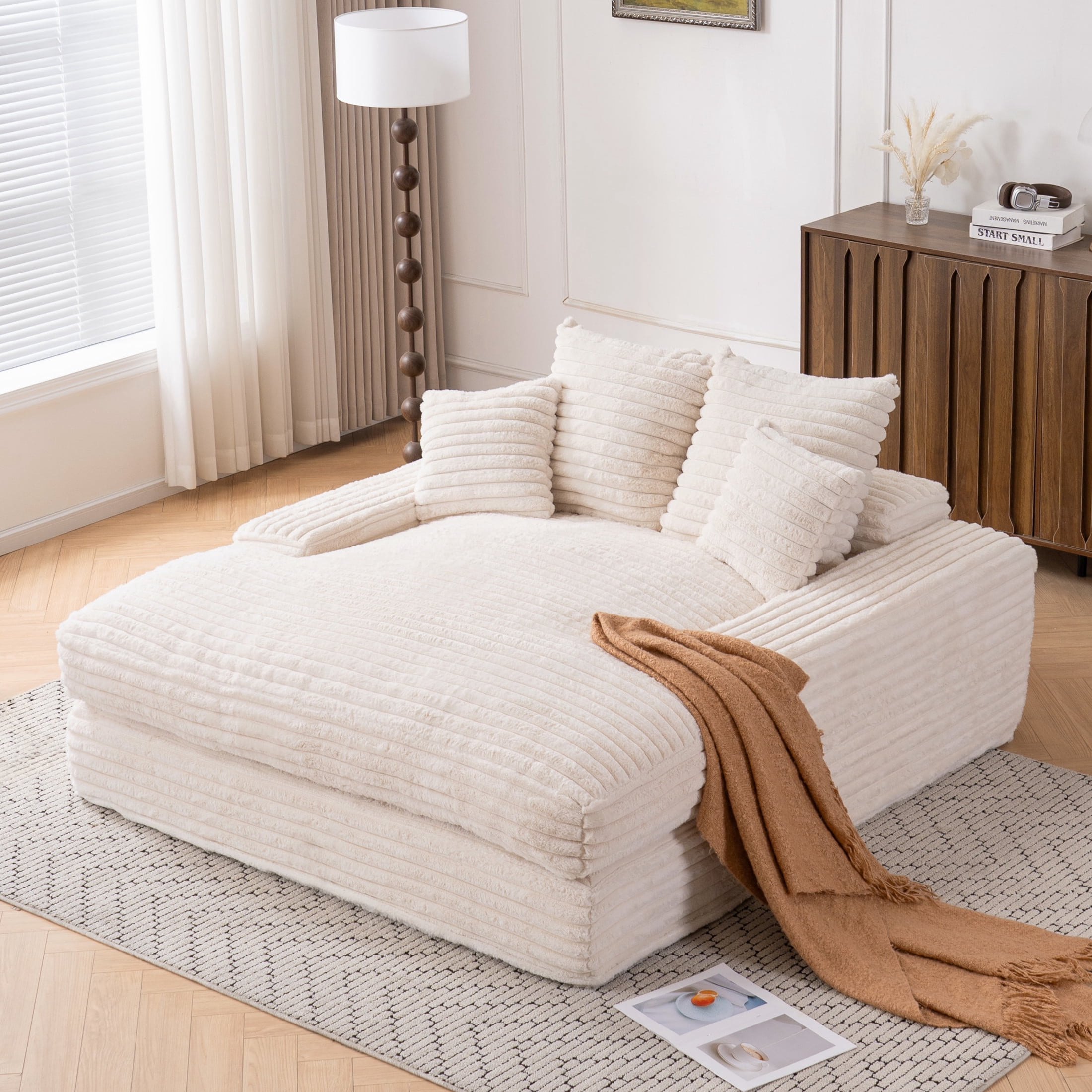 Noble House Heliox 68" Oversized Chaise Lounge Chair, Plush Corduroy Sleeper Sofa Bed with Removable Pillows, Beige