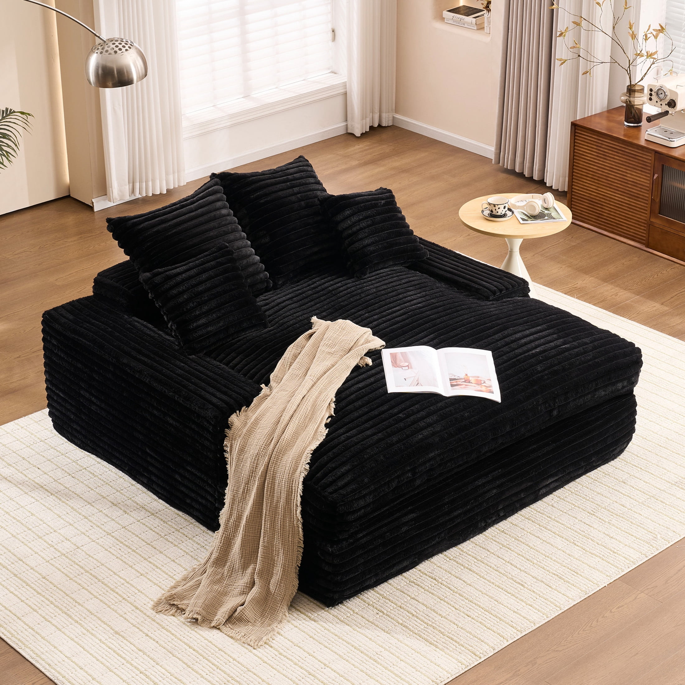 Noble House Heliox 68" Oversized Chaise Lounge Chair, Plush Corduroy Sleeper Sofa Bed with Removable Pillows, Black
