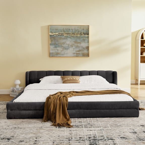 Noble House Heliox Modern King Size Grounded Bed Frame, Chenille Upholstered Platform Bed with Headboard, Dark Gray
