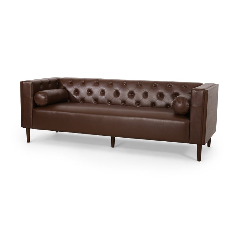 Noble House Hennessey Faux Leather Tufted Sofa, Dark Brown