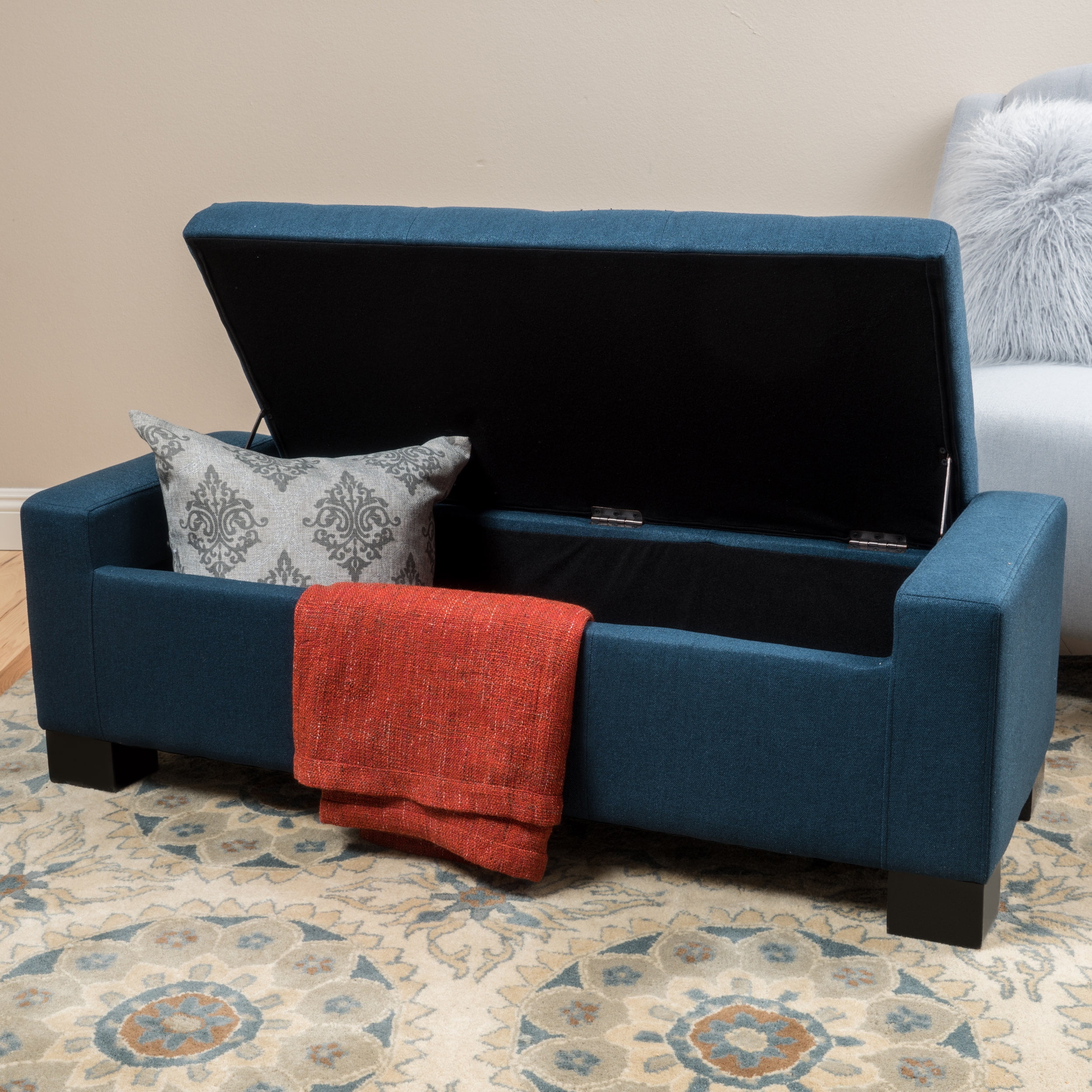 Dark Blue Tufted Fabric Storage Ottoman Bench