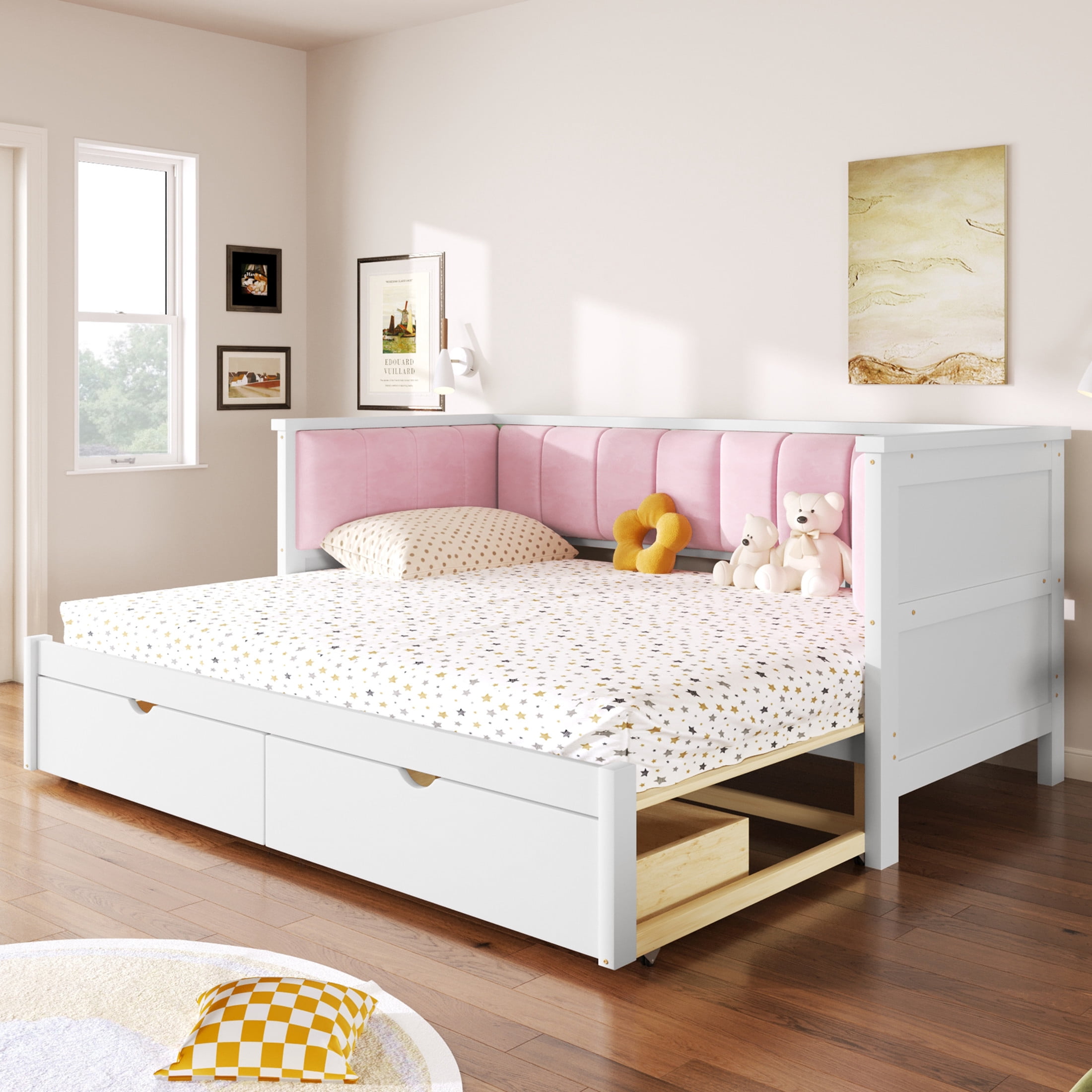Noble House Henry Twin XL to King Size Expandable Daybed with Storage Drawers and Upholstered Backrest, White and Pink