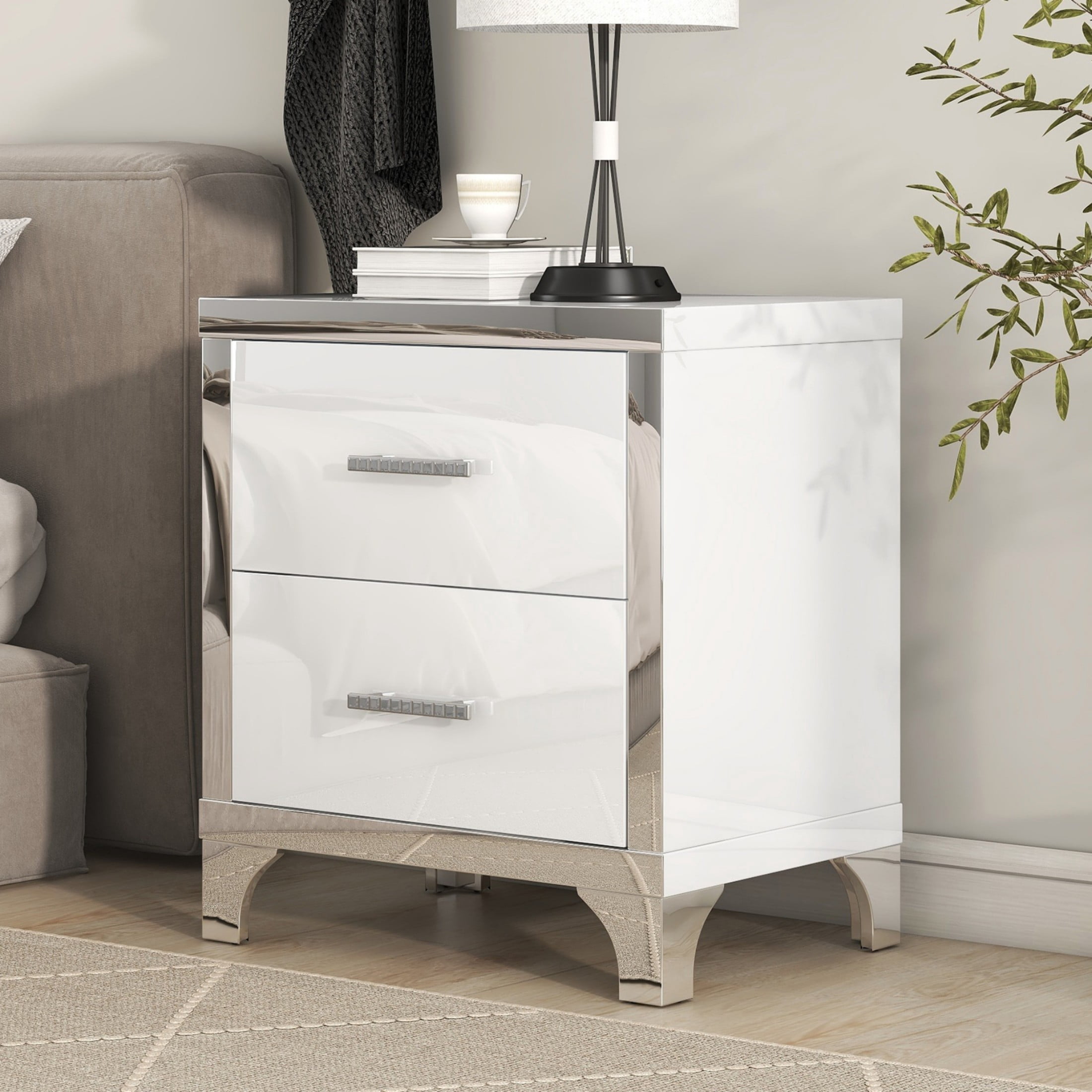 Noble House High Gloss Nightstand with 2 Drawers, Metal Handles and Legs, White