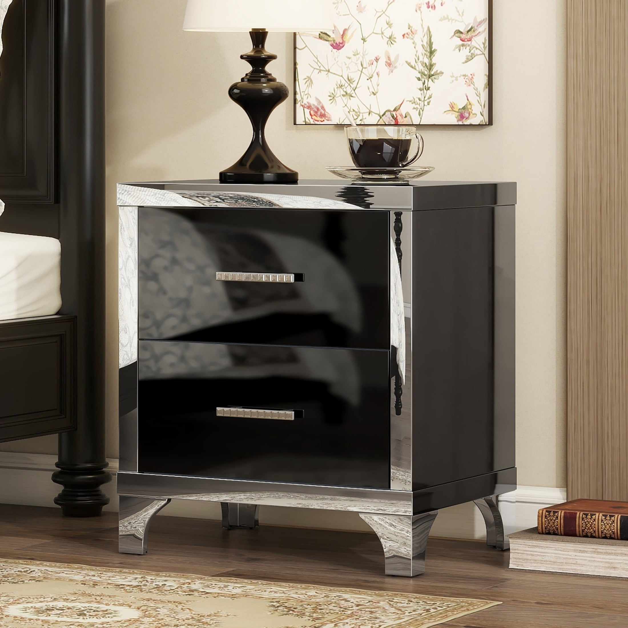 Noble House High Gloss Nightstand with 2 Drawers, Mirrored Bedside Table with Metal Handles, Black